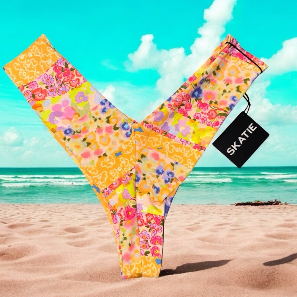 Skatie Floral Patchwork Bikini Bottom in Yellow, Pink, Blue